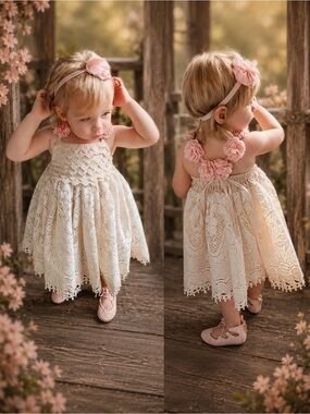 Dollcake Hopeless Romantic Dress Girls Size 2 Cream Lace Pink Pom Pom Straps EUC